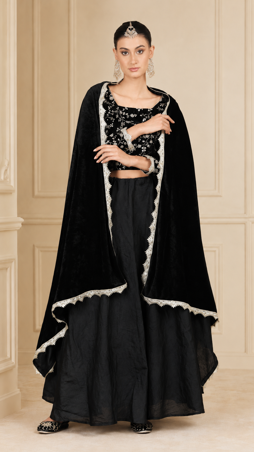 Black women’s embroidered lehenga suit with velvet dupatta, silver embellished blouse and flared skirt, elegant Asian occasion wear by Diya Online