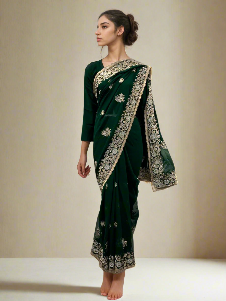 Dark Green Embroidered Saree