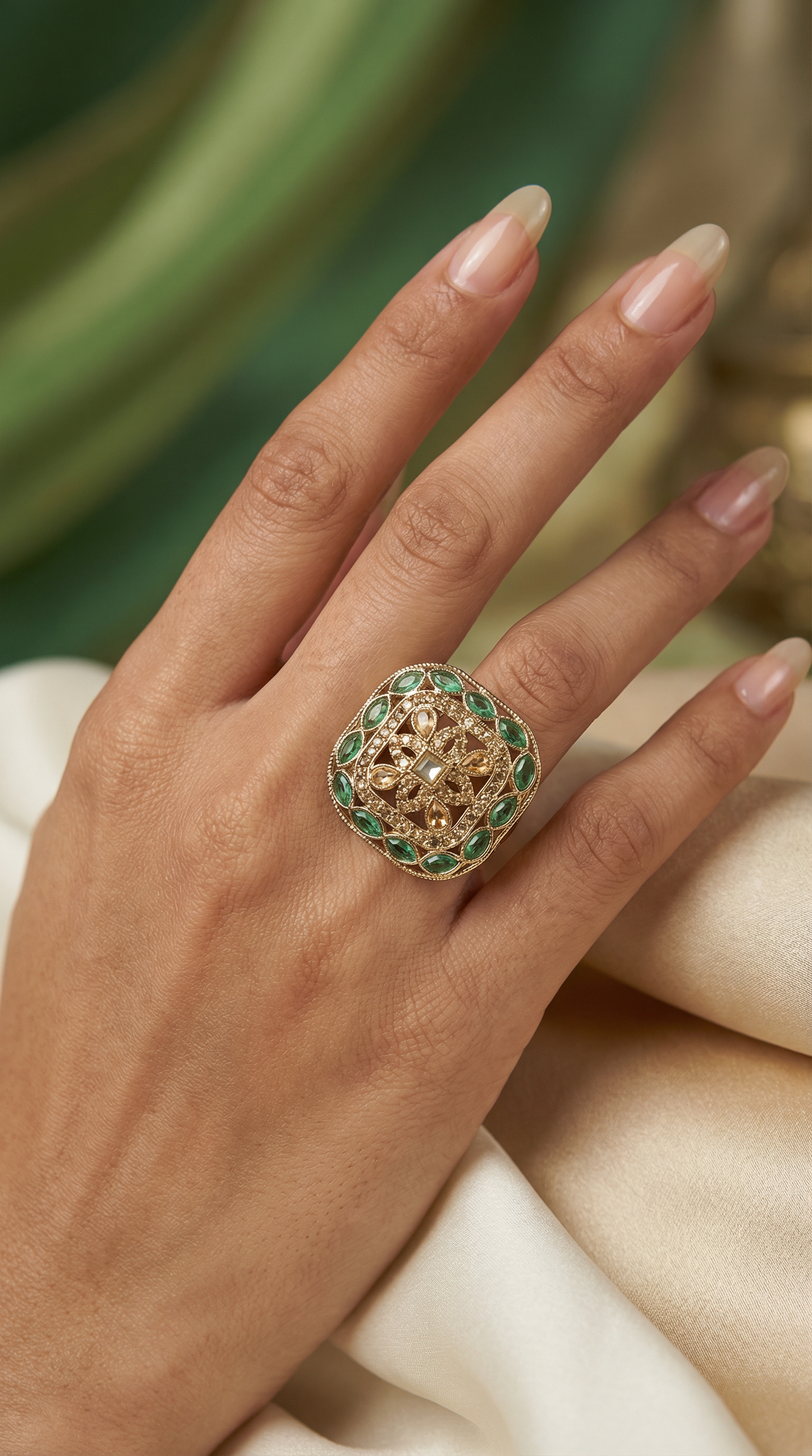 Dark Green Gold Plated Adjustable Finger Ring with Diamonte