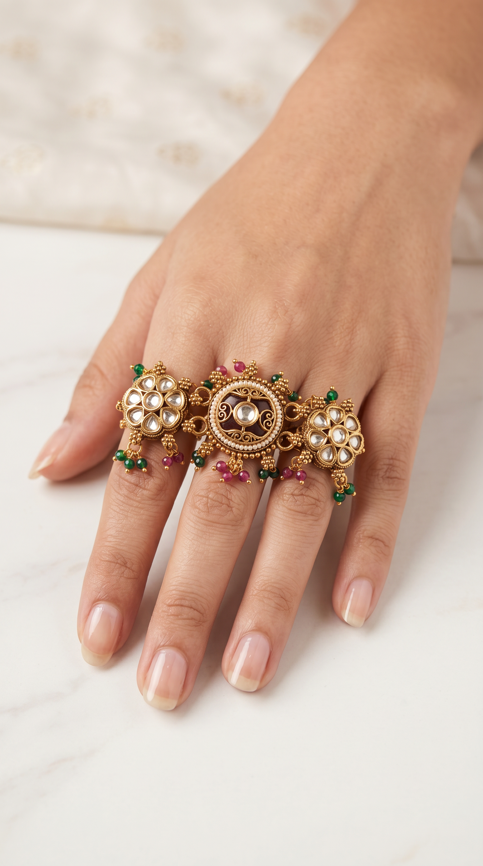 Trending Kashmiri Maroon Triple Finger Ring