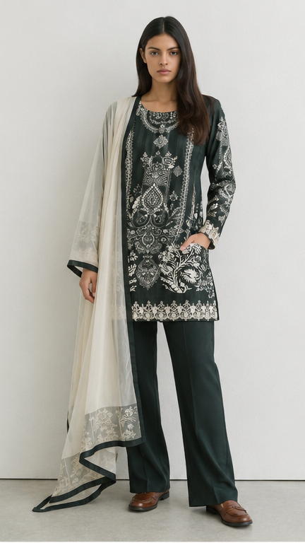 Young woman wearing a dark green printed kurta set with intricate white paisley and floral motifs, matching trousers and an ivory dupatta with dark green border.