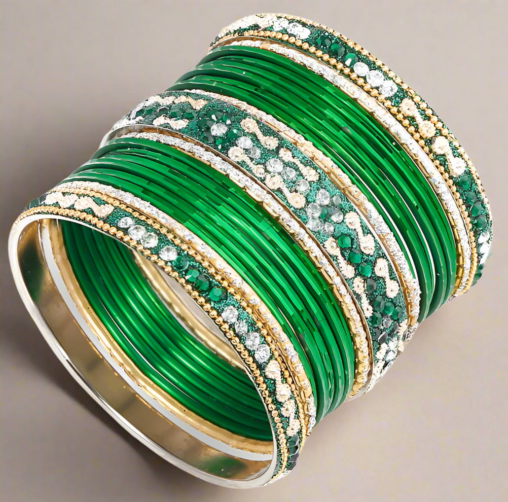 Buy Green Ornate Coloured Bangle Set