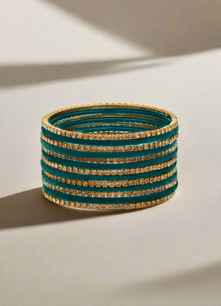 Buy Teal Velvet & Diamante Kids Bangle Sets