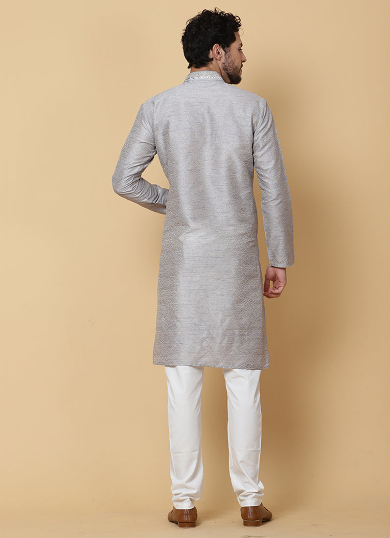 Buy Grey Mirror Embroidered Resham Brocade Kurta Set
