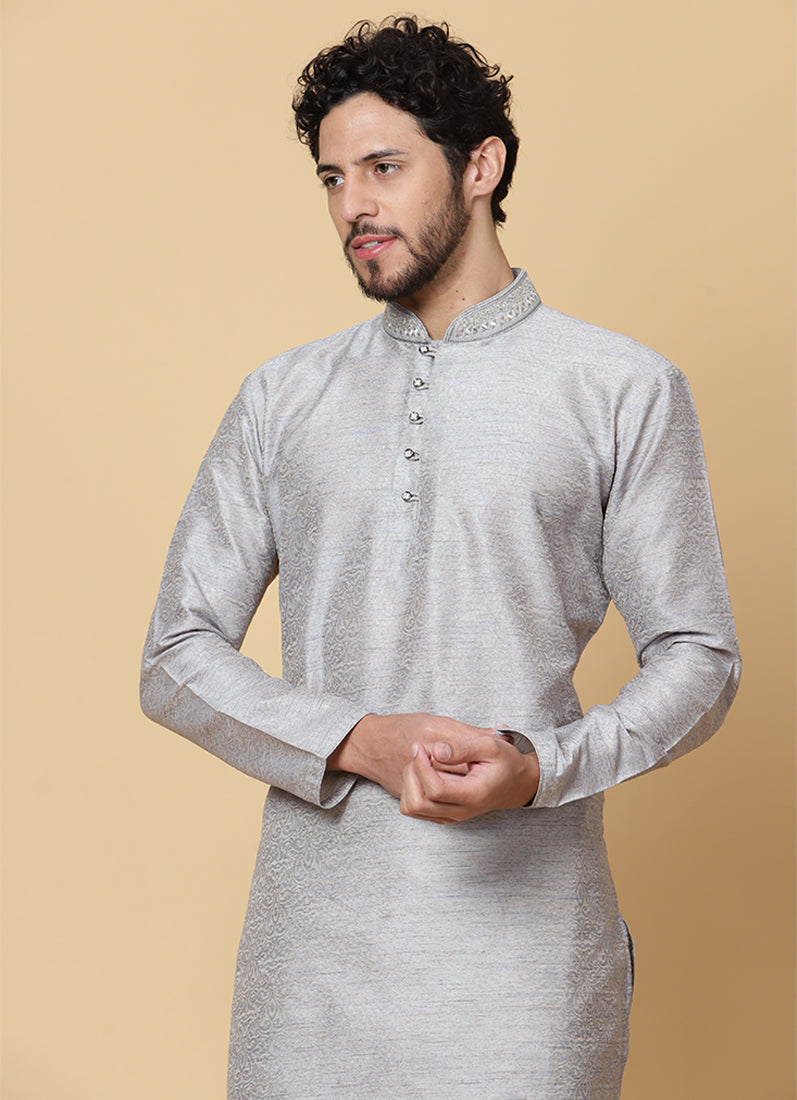 Buy Grey Mirror Embroidered Resham Brocade Kurta Set