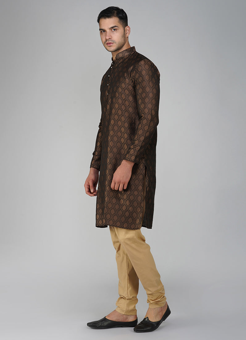 Buy Brown Resham Thread Brocade Kurta Set