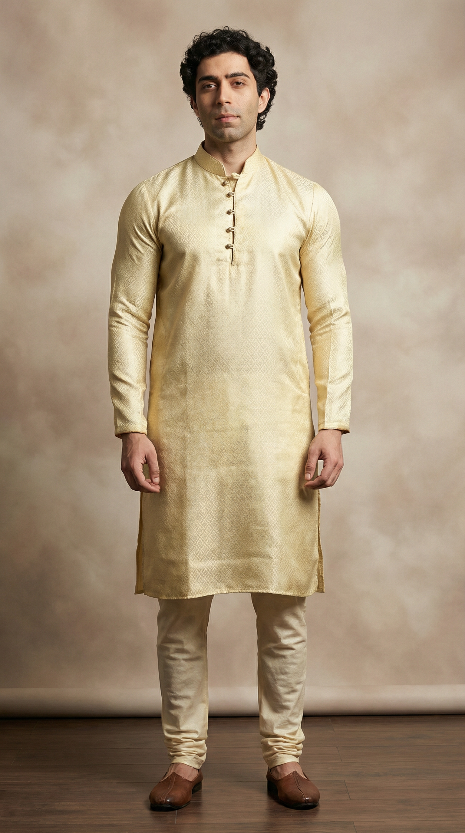 Men's Light Gold Resham Brocade Kurta Pyjama