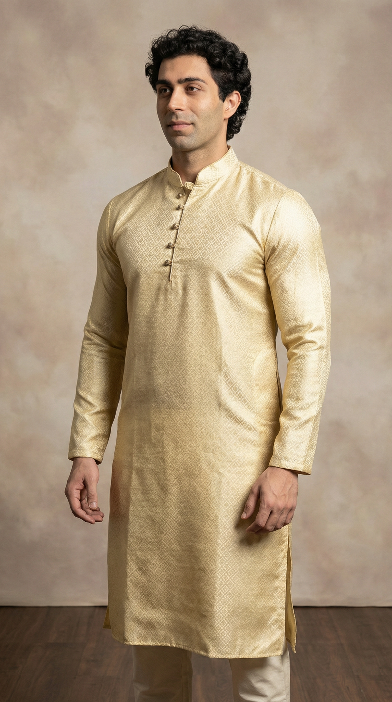 Men's Light Gold Resham Brocade Kurta Pyjama
