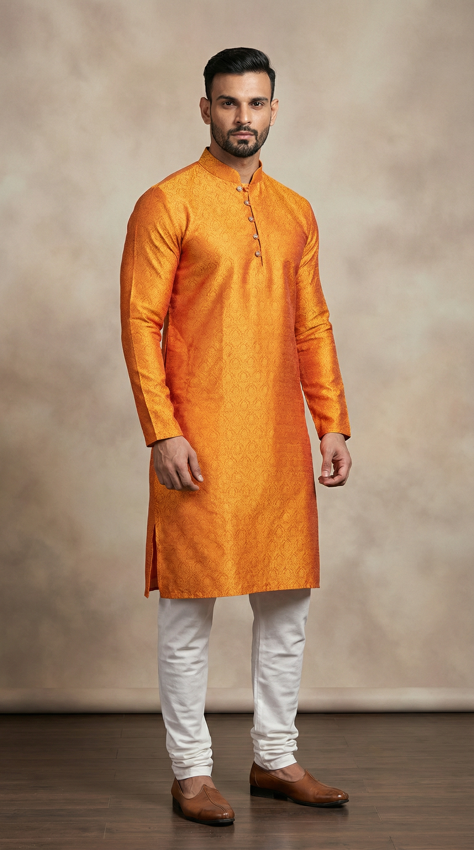 Men's Burnt Orange Jacquard Kurta Payjama Set