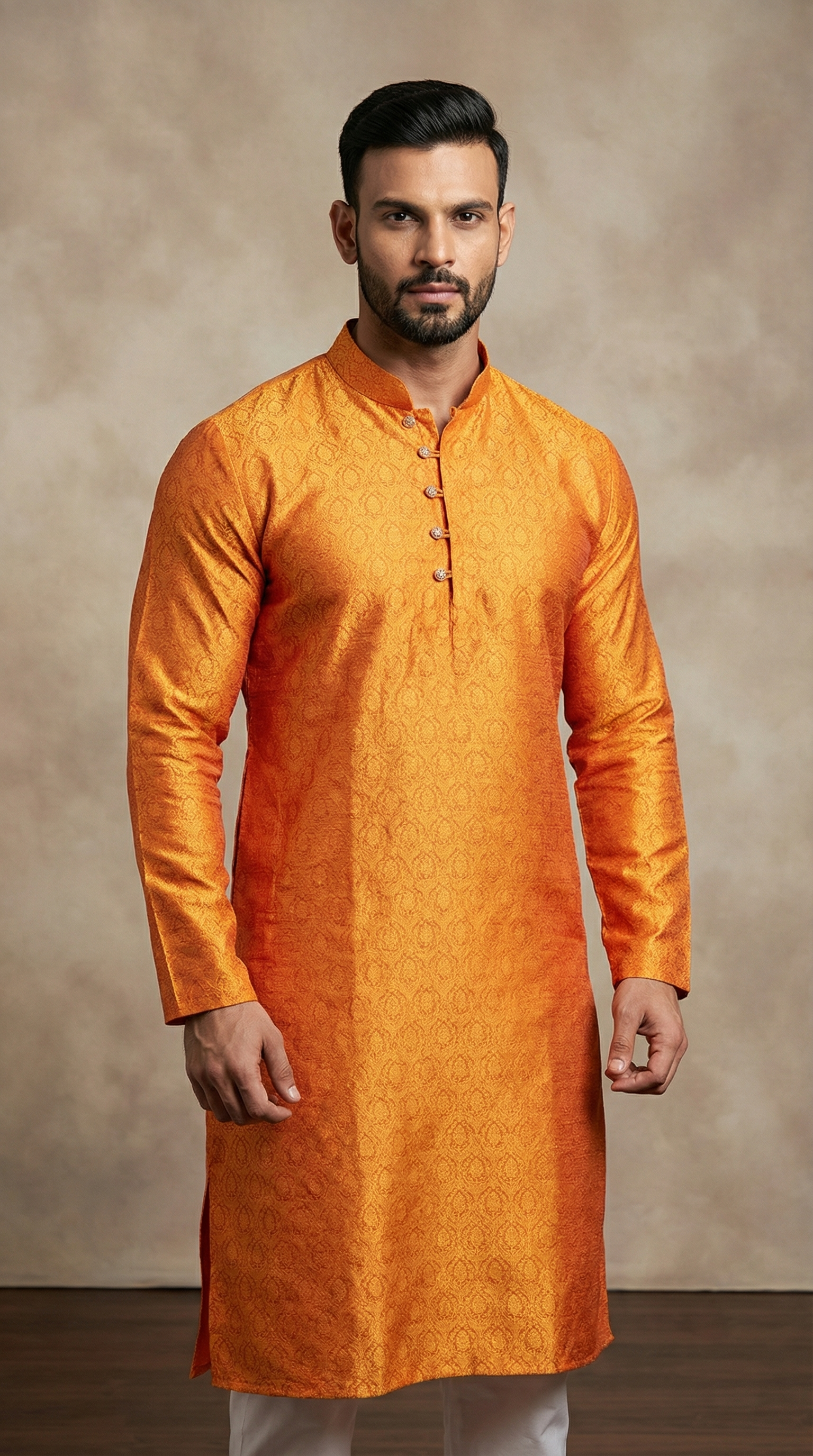 Men's Burnt Orange Jacquard Kurta Payjama Set
