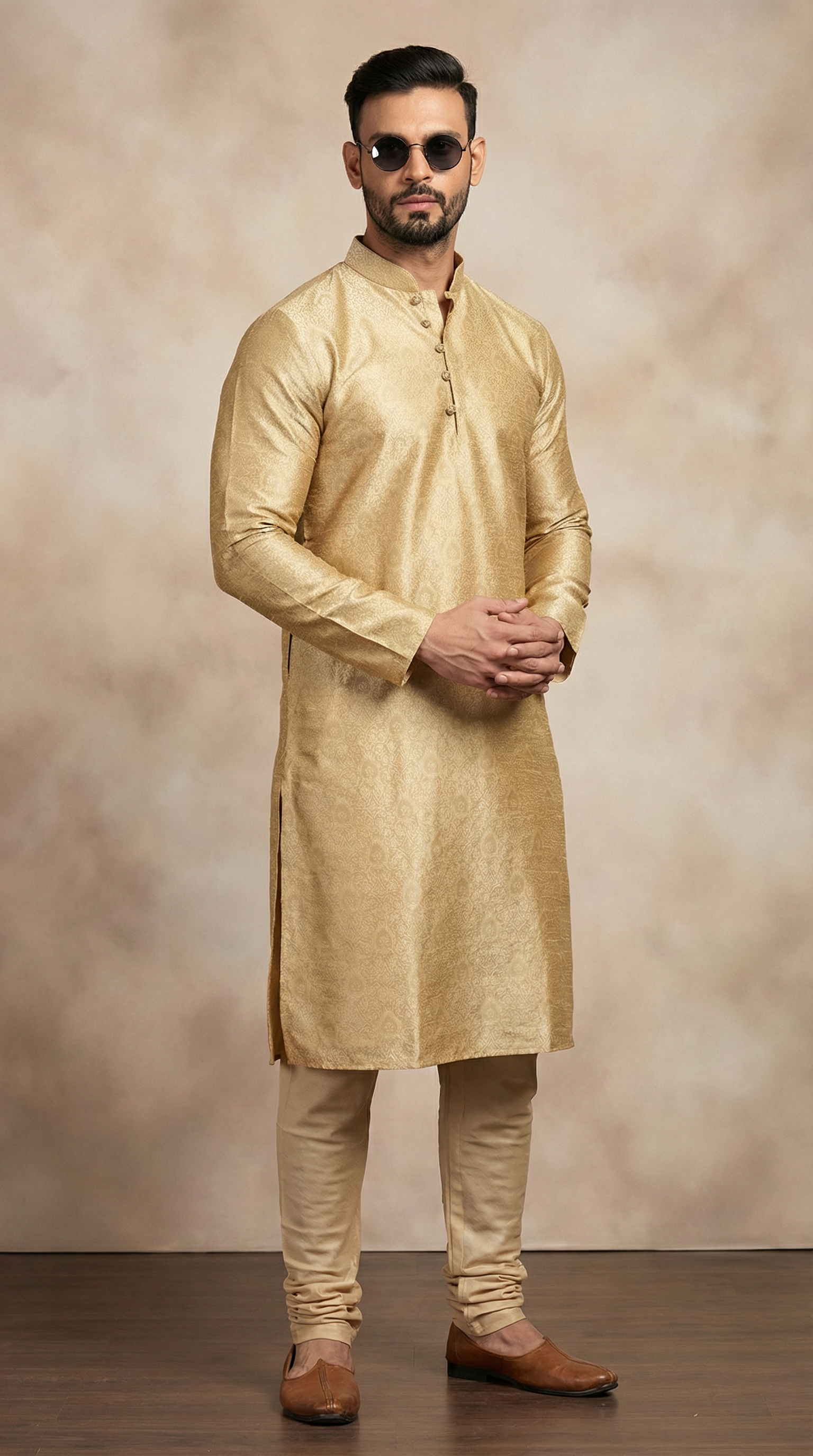 Men's Gold Self Jacquard Kurta Payjama Set
