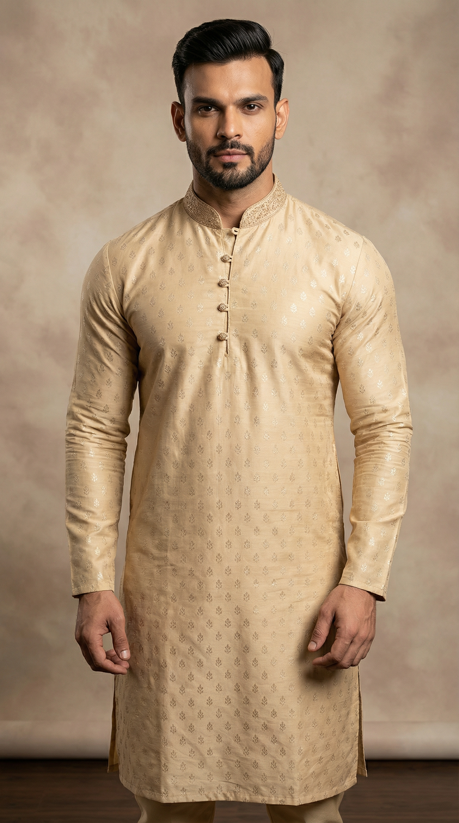 Men's Gold Brocade Embroidered Collar Payjama Set