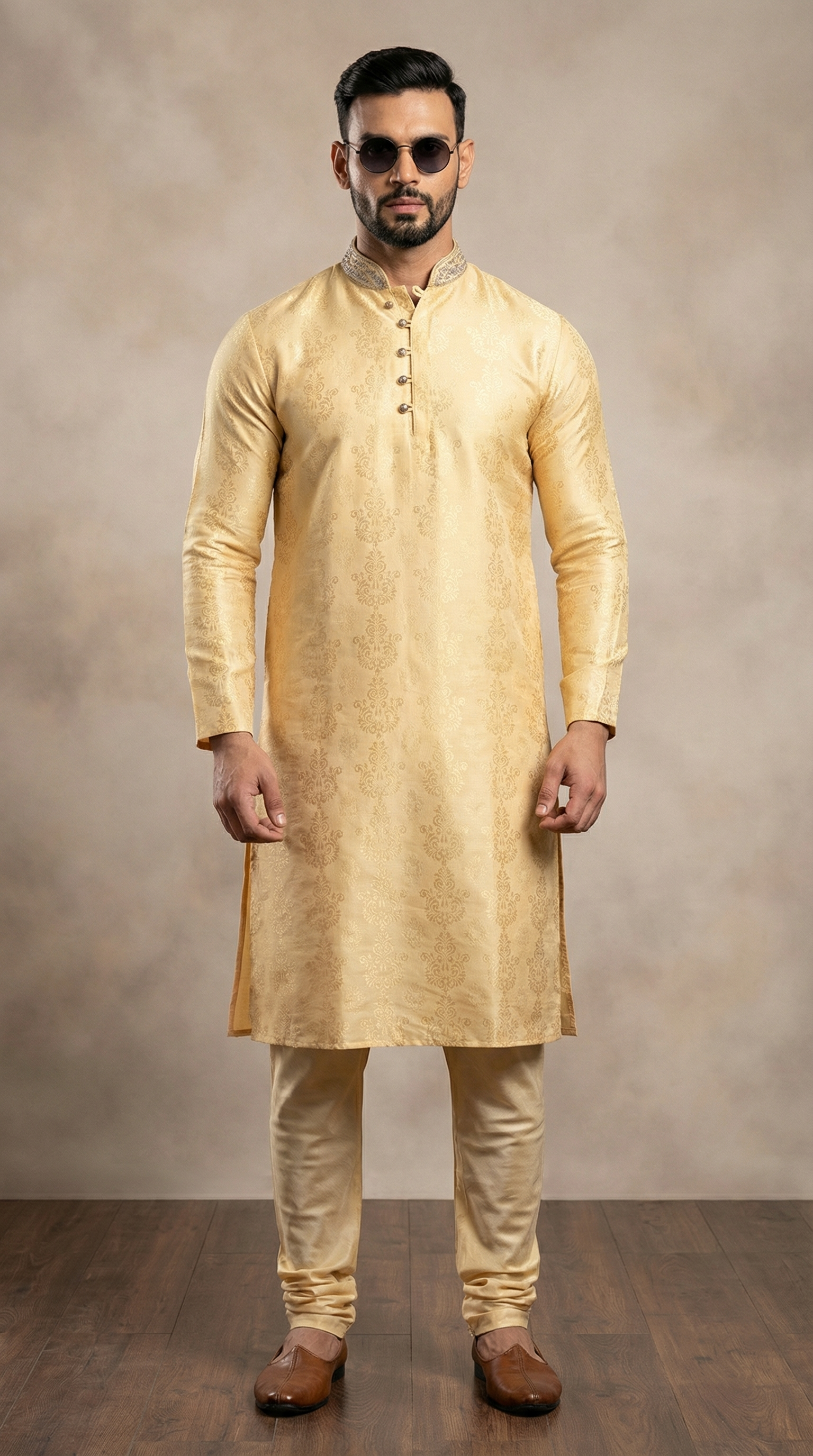 Men's Gold Self Brocade Embroidered Collar Set