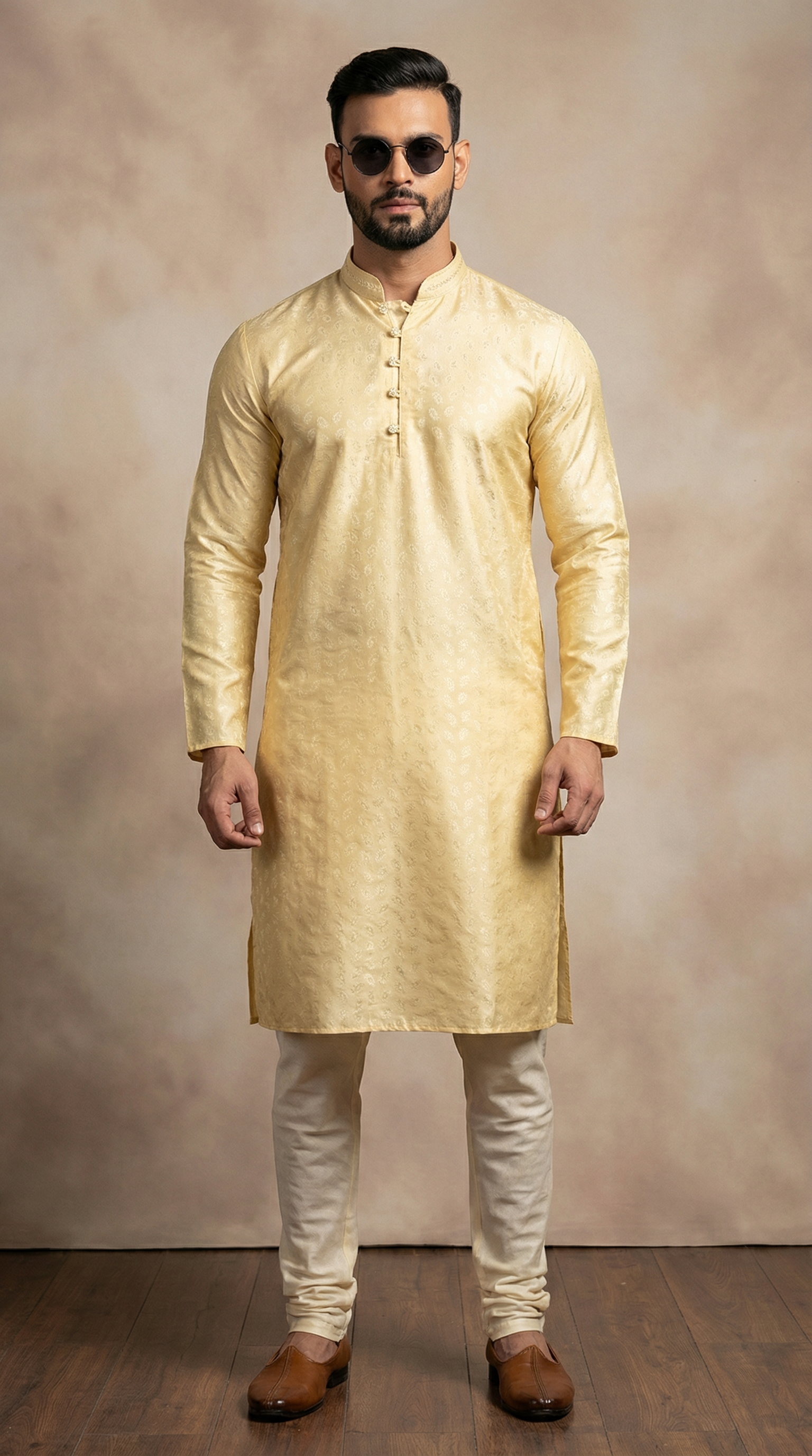 Men's Gold Self Jacquard Embroidered Collar Kurta Pyjama