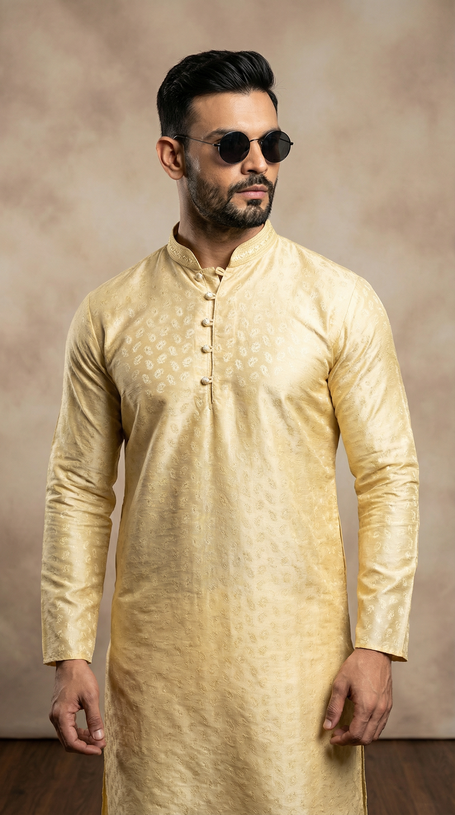 Men's Gold Self Jacquard Embroidered Collar Kurta Pyjama