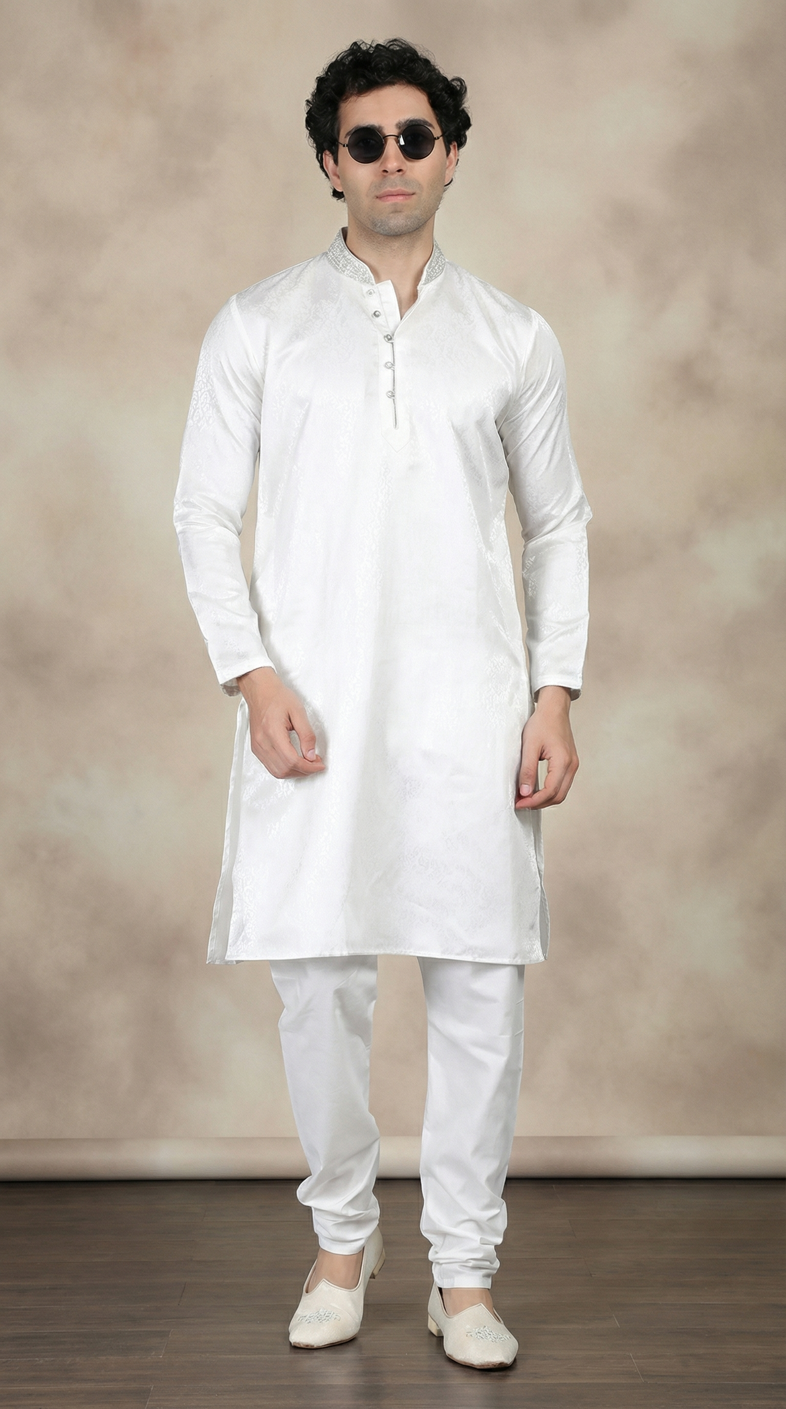 Men's White Self Resham Jacquard Embroidered Set