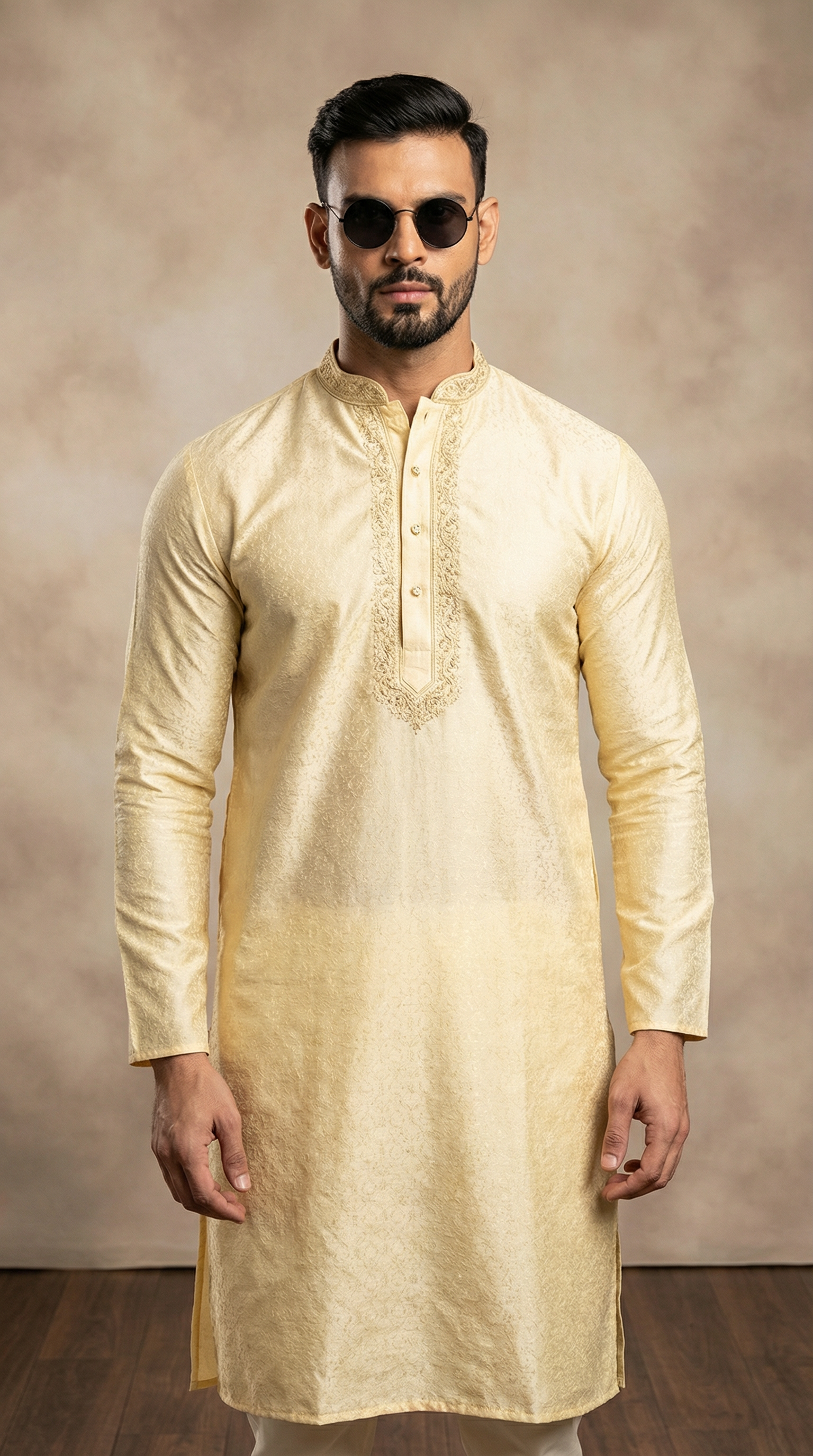 Men's Gold Resham Brocade Embroidered Kurta Payjama Set