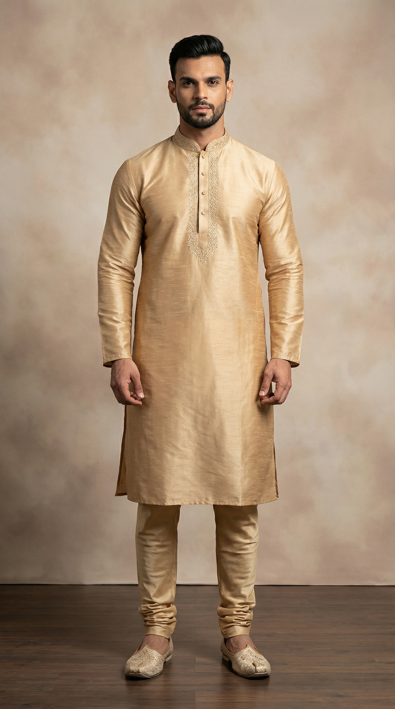Men's Beige Resham Embroidered Kurta Pyjama Set