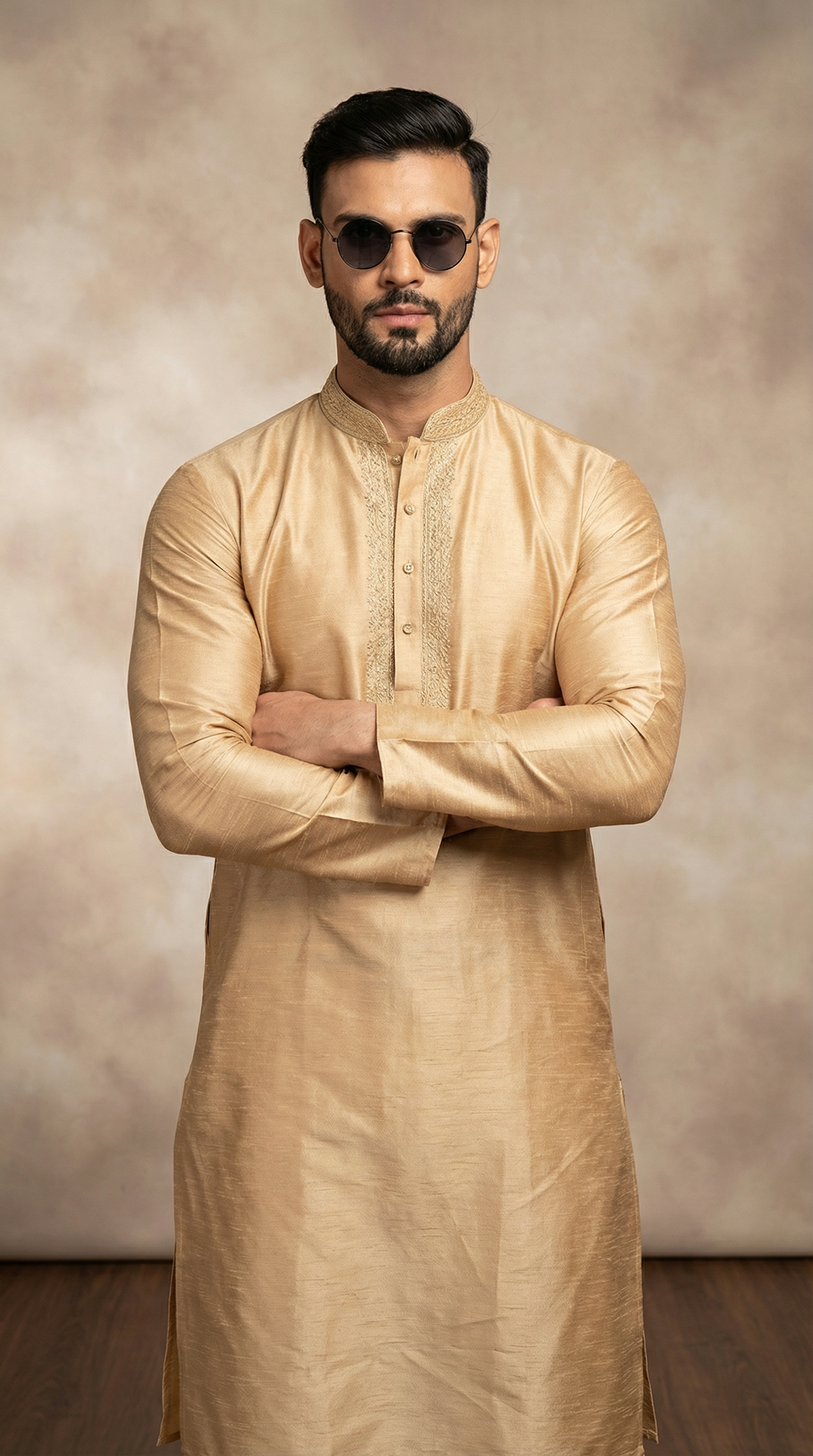 Men's Beige Resham Embroidered Kurta Pyjama Set