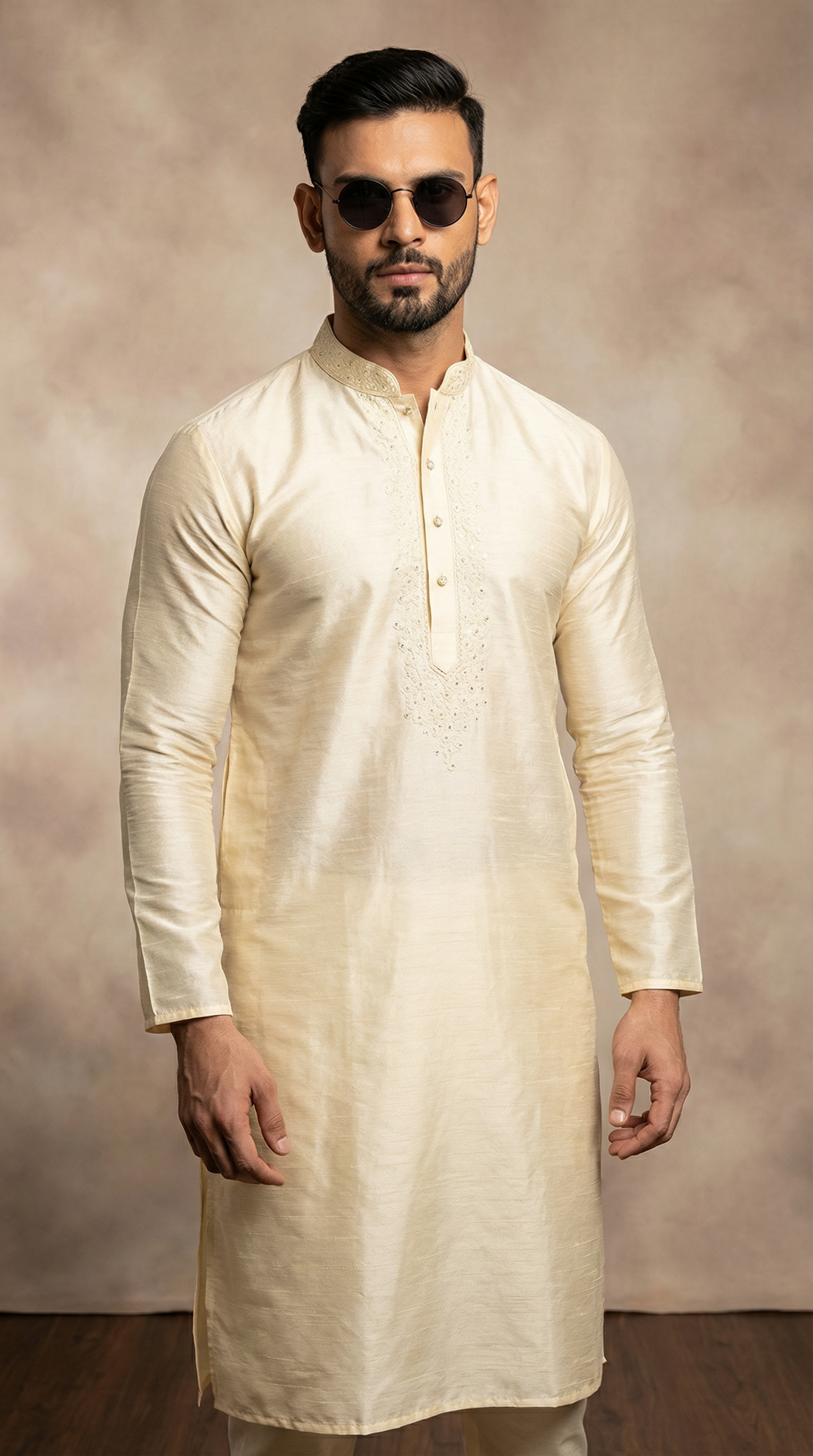 Men's Cream Resham Embroidered Kurta Payjama Set