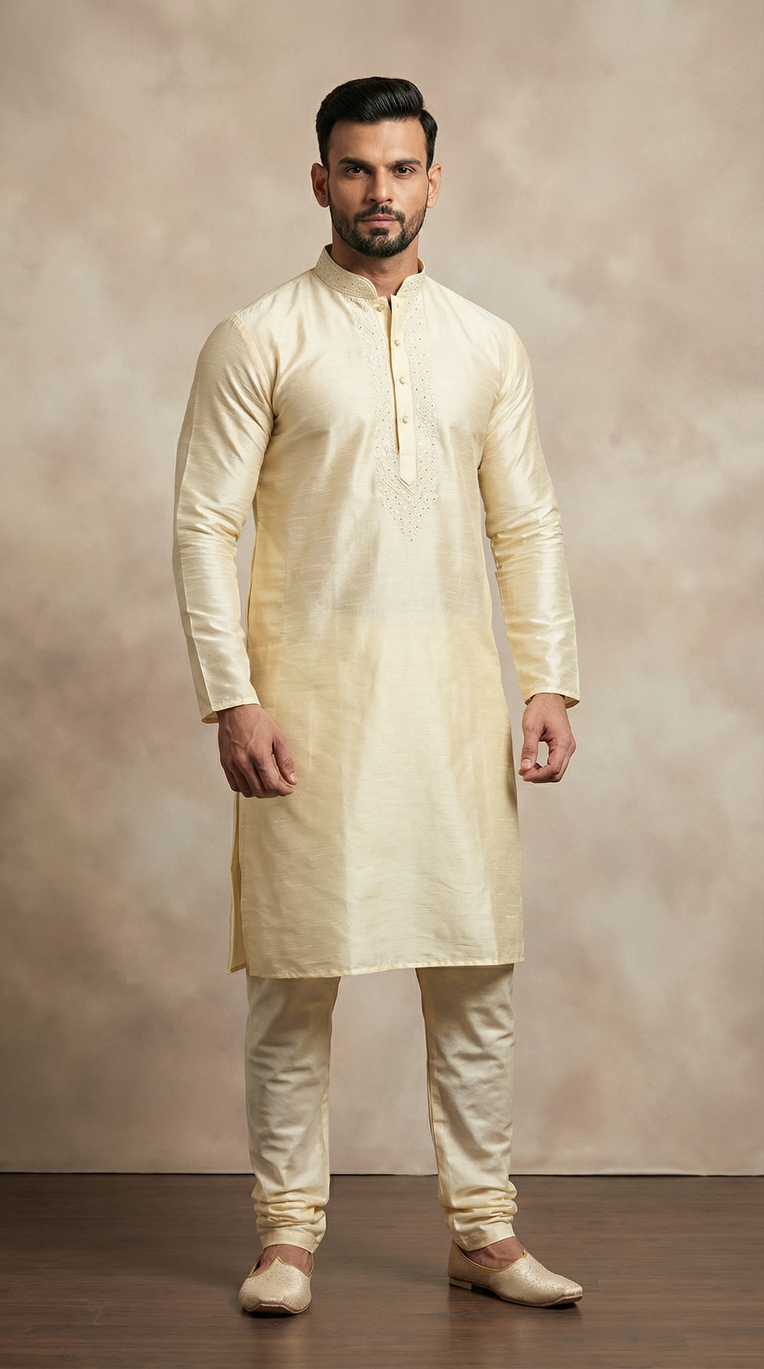 Men's Cream Resham Embroidered Kurta Payjama Set