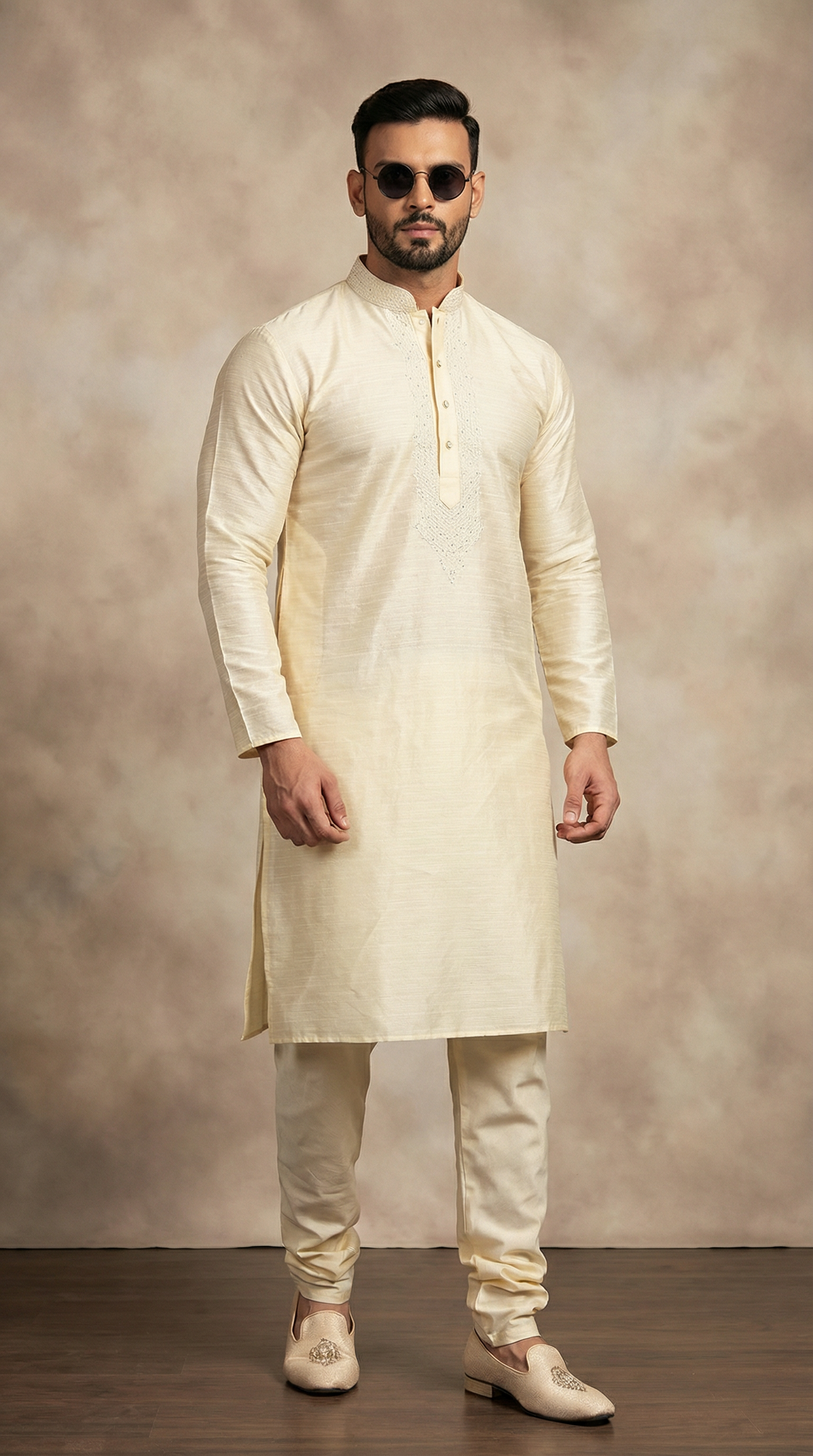 Men's Light Gold Resham Embroidered Kurta Payjama Set