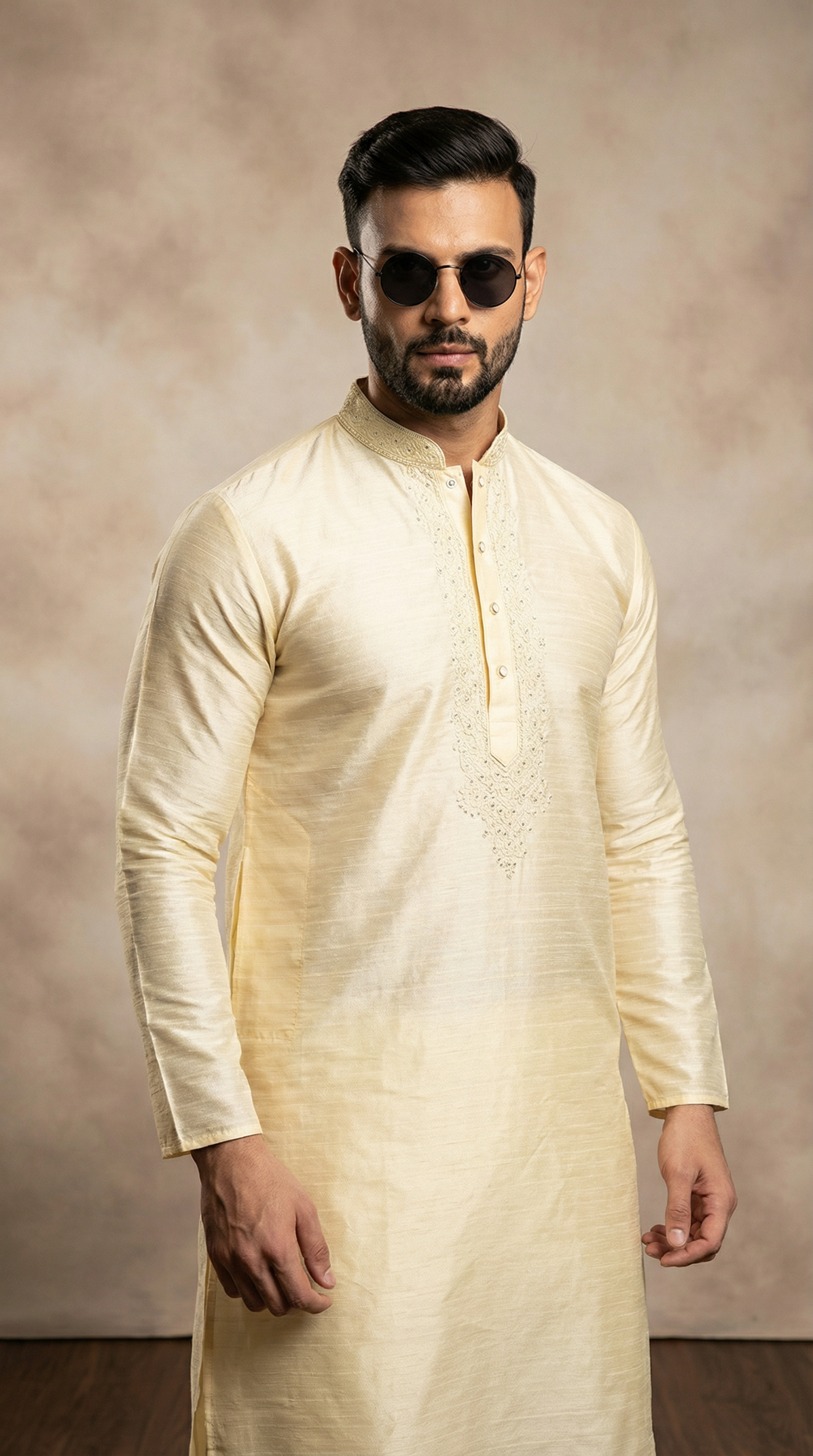 Men's Light Gold Resham Embroidered Kurta Payjama Set