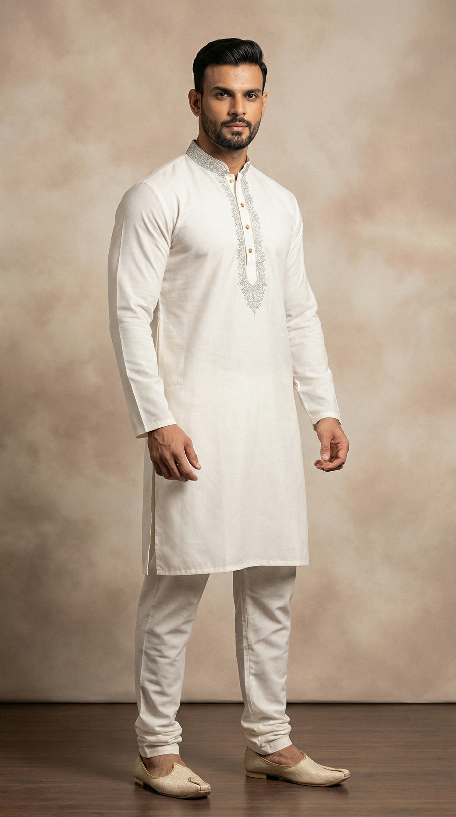 Men's Light Gold Resham Brocade Embroidered Kurta Payjama Set