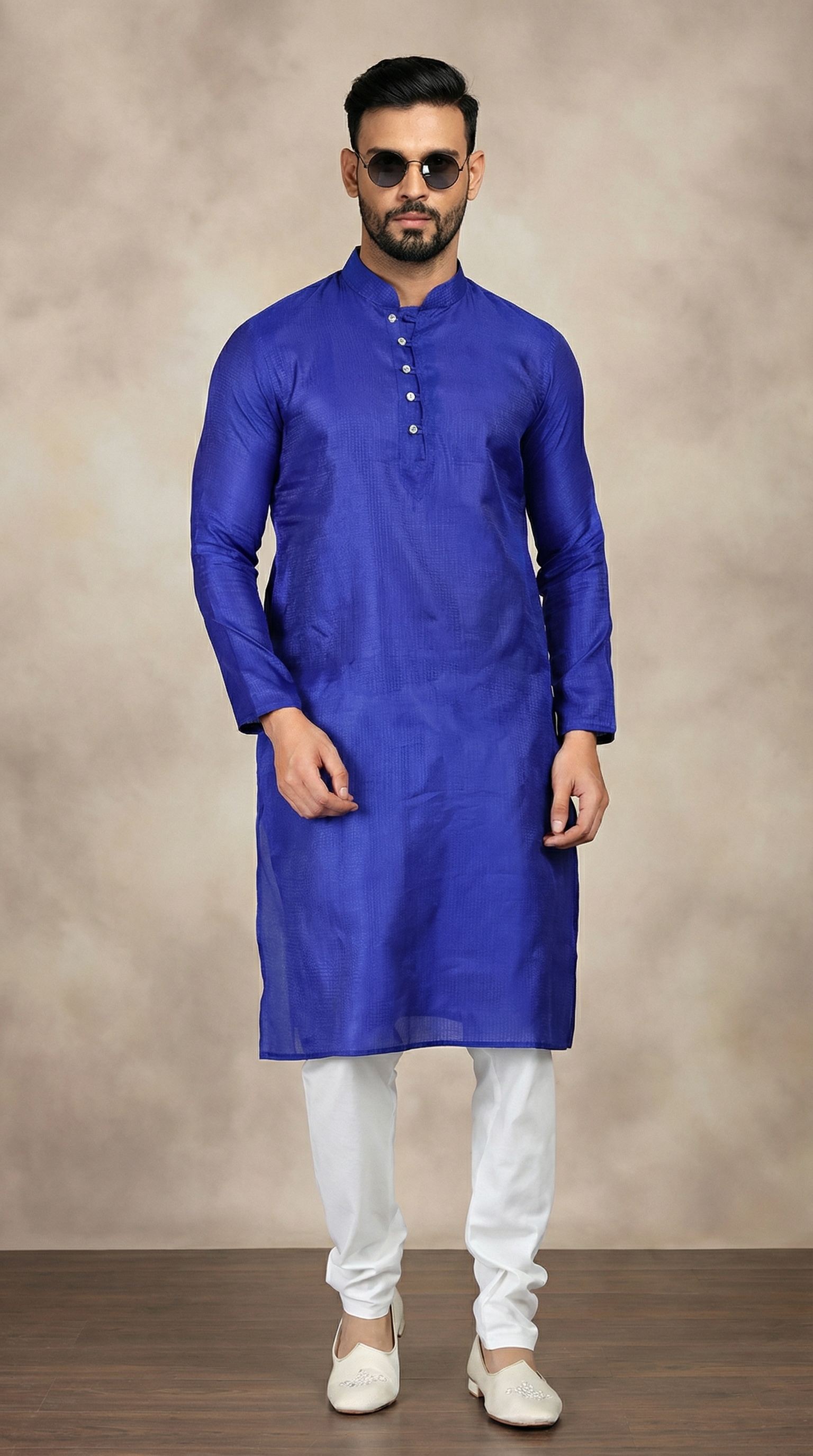 Men's Royal Blue Embroidered Fabric Kurta Payjama Set