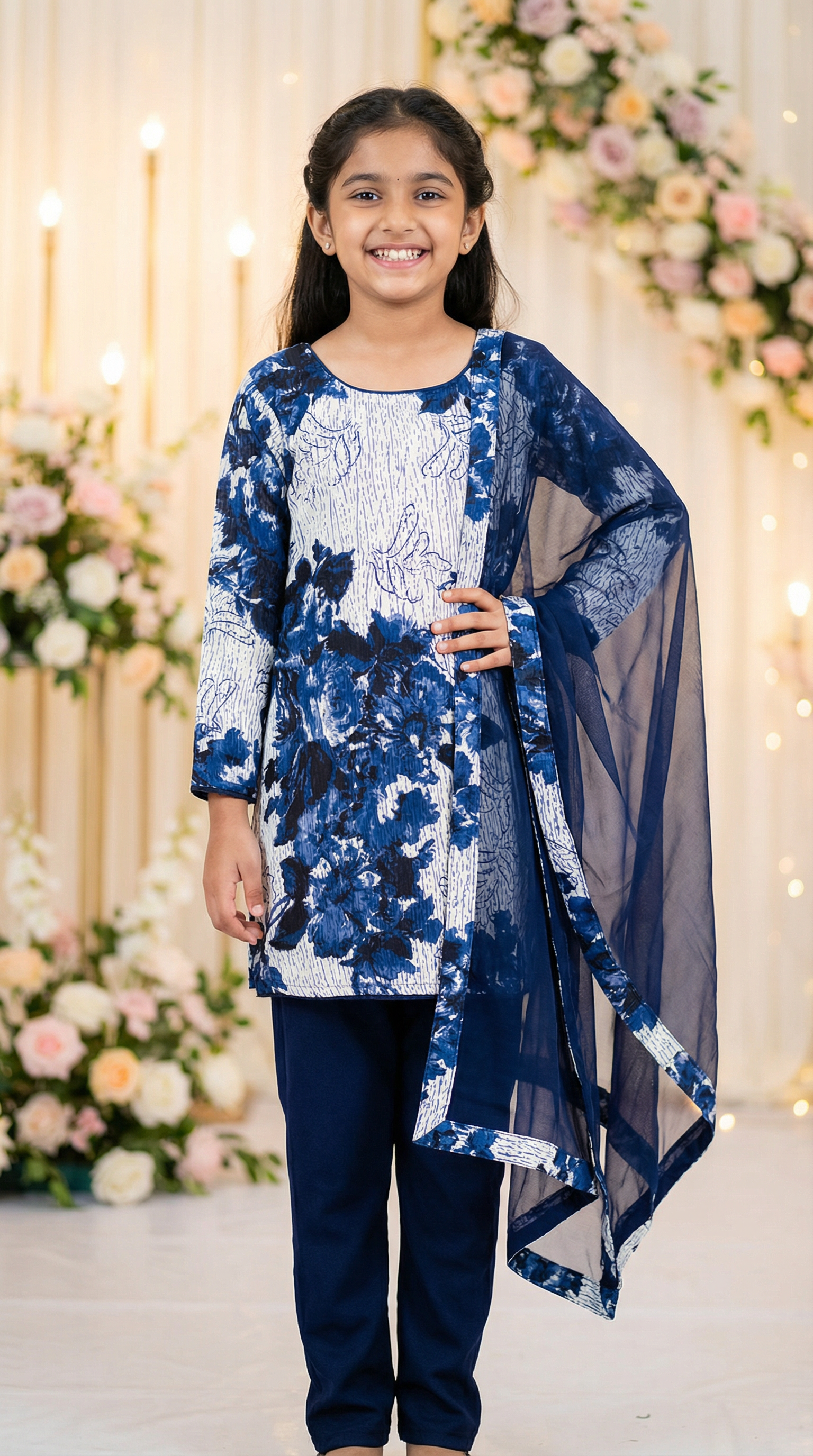 Girls Grey Printed Kurta Set with Blue Trousers & Dupatta – Kids Festive Ethnic Wear