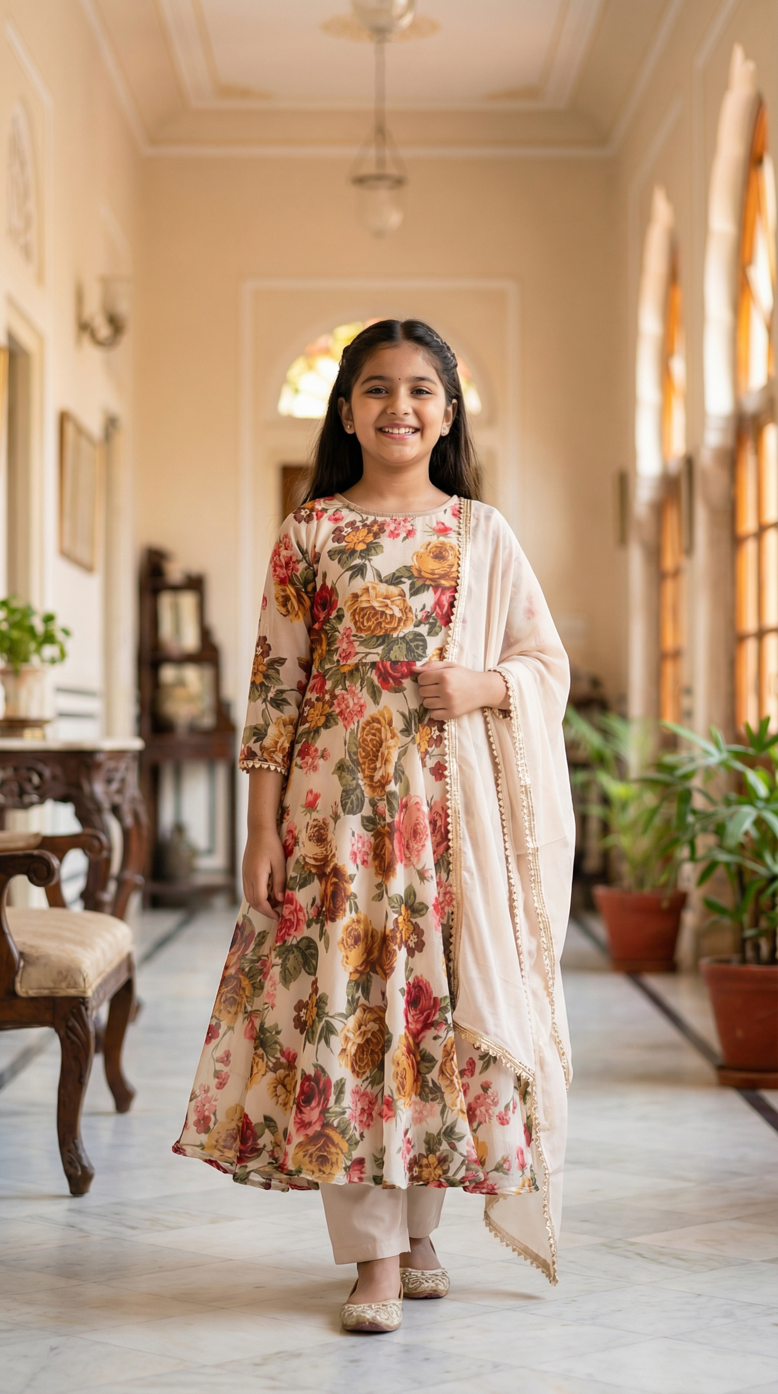 Kids Beige Printed Suit Set