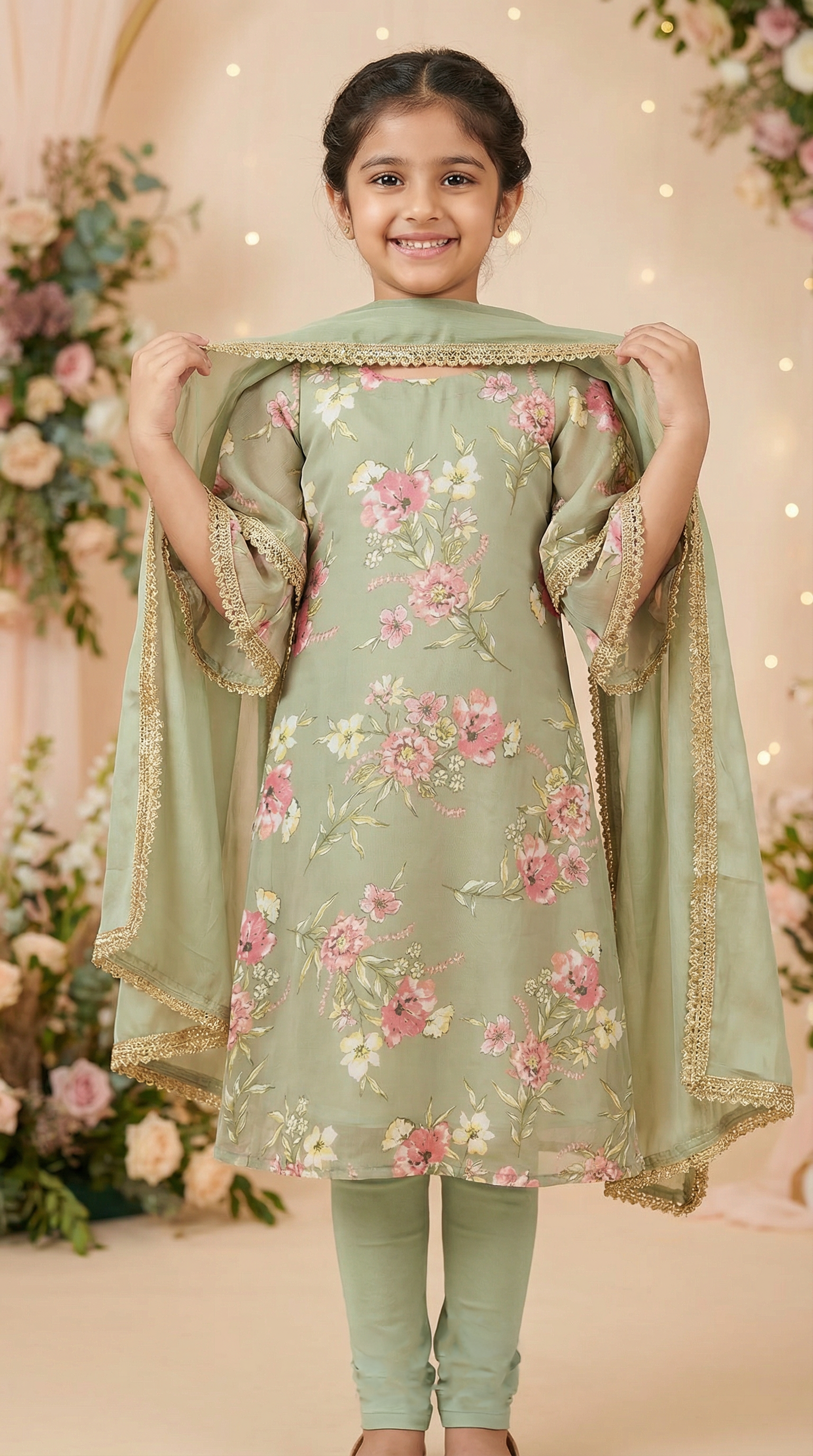 Girls Moss Green Floral A-Line Dress Set with Churidar