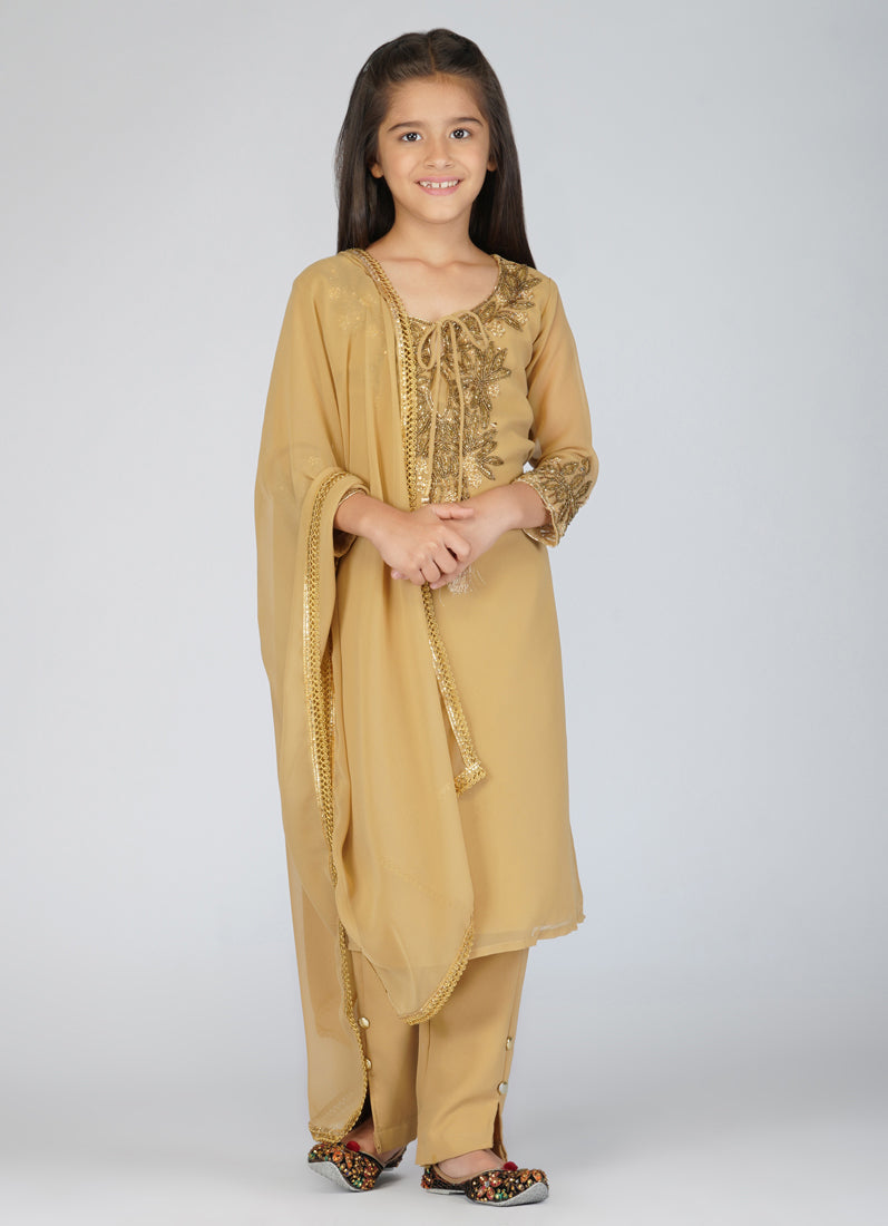 Buy Kids Brown Georgette Straight Cut Suit Set