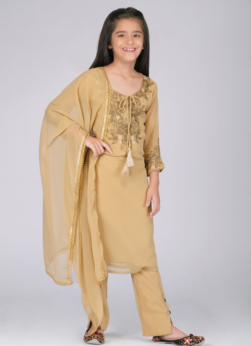 Buy Kids Brown Georgette Straight Cut Suit Set