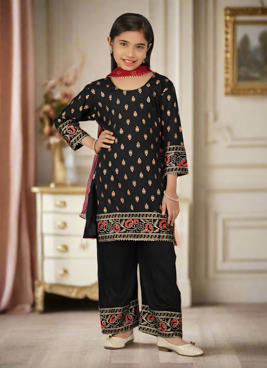 Buy Kids Black Rayon Printed Red Dupatta Suit Set