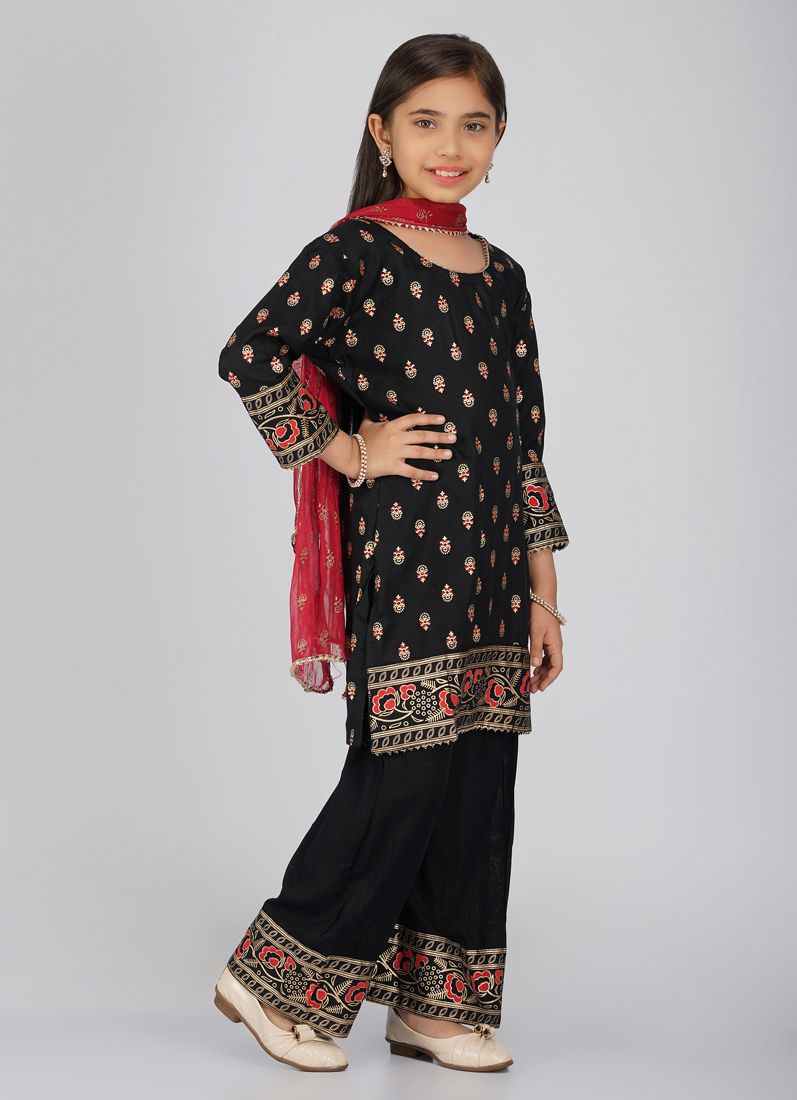 Buy Kids Black Rayon Printed Red Dupatta Suit Set