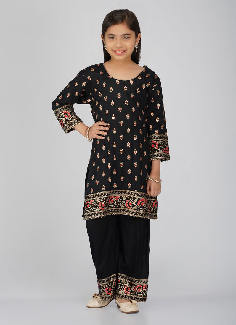 Buy Kids Black Rayon Printed Red Dupatta Suit Set
