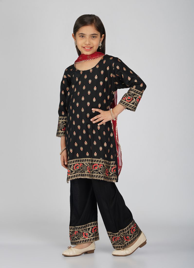 Buy Kids Black Rayon Printed Red Dupatta Suit Set