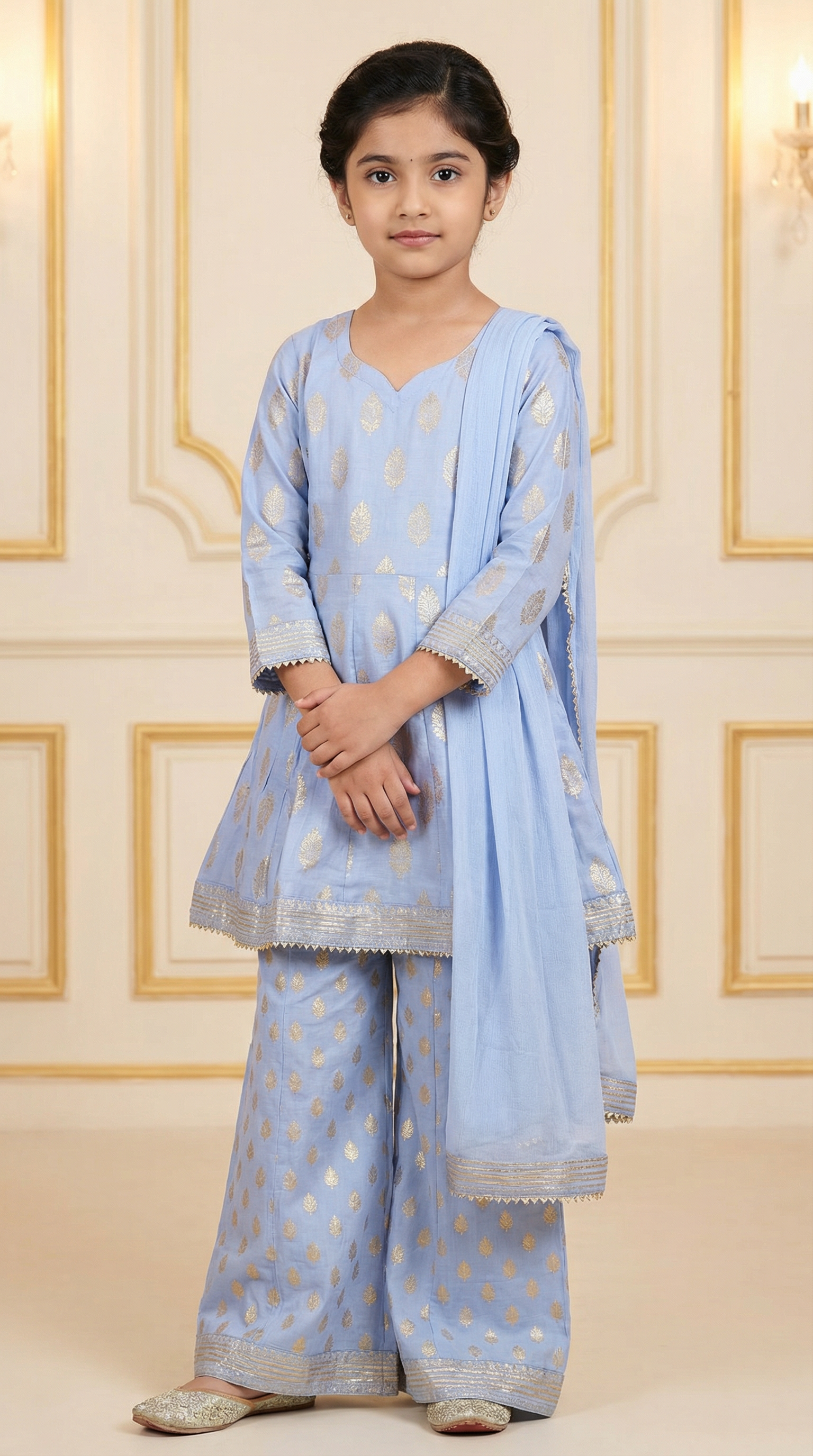 Kids blue Rayon Printed Straight Cut Suit Set
