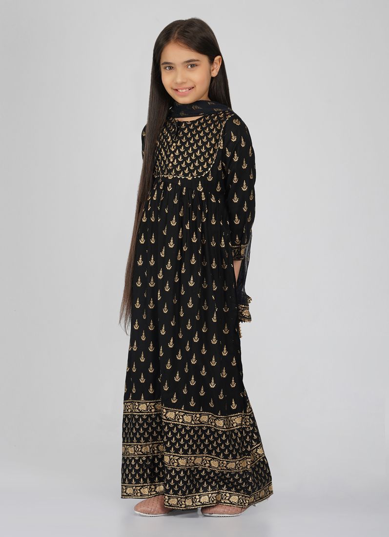 Buy Kids Black Rayon Printed Bias Cut Suit Set