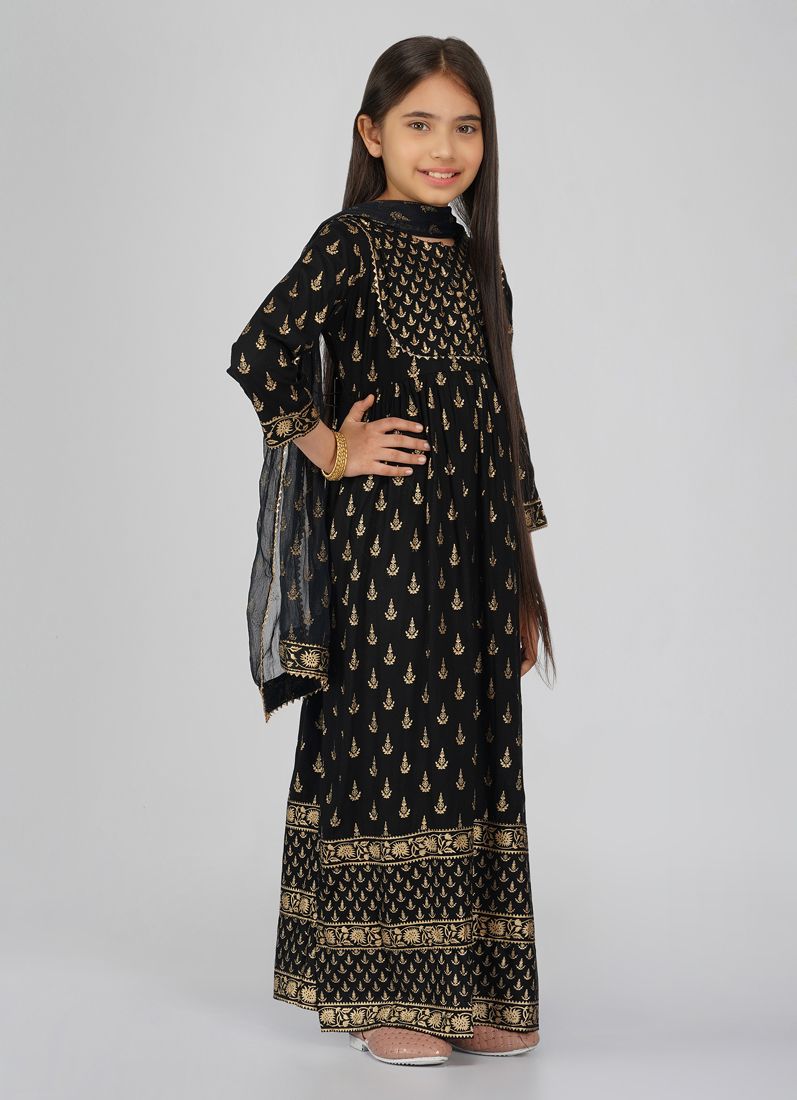 Buy Kids Black Rayon Printed Bias Cut Suit Set