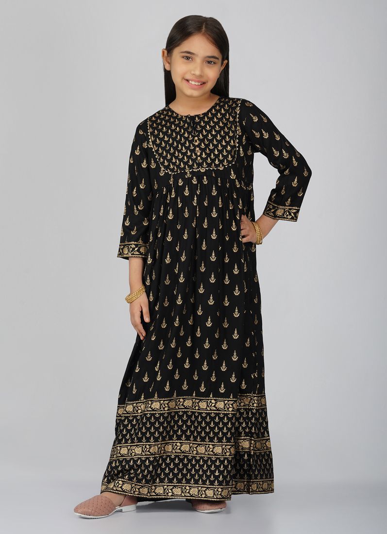 Buy Kids Black Rayon Printed Bias Cut Suit Set