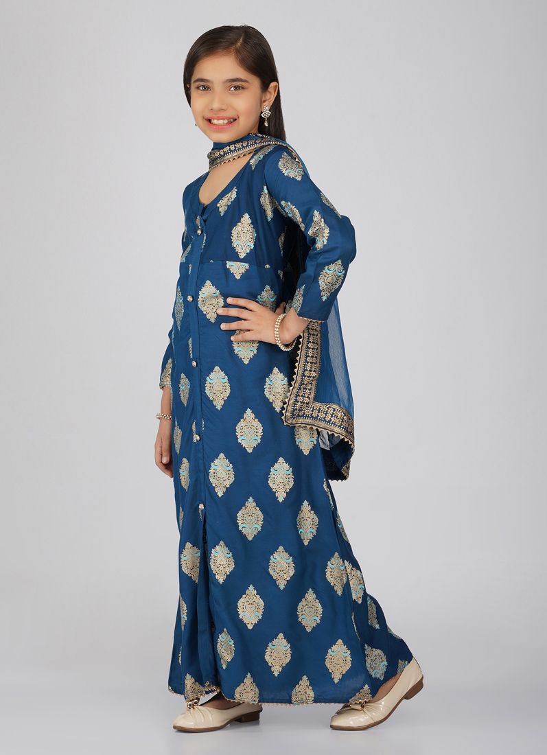 Buy Kids Teal Rayon Printed A-Line Suit Set