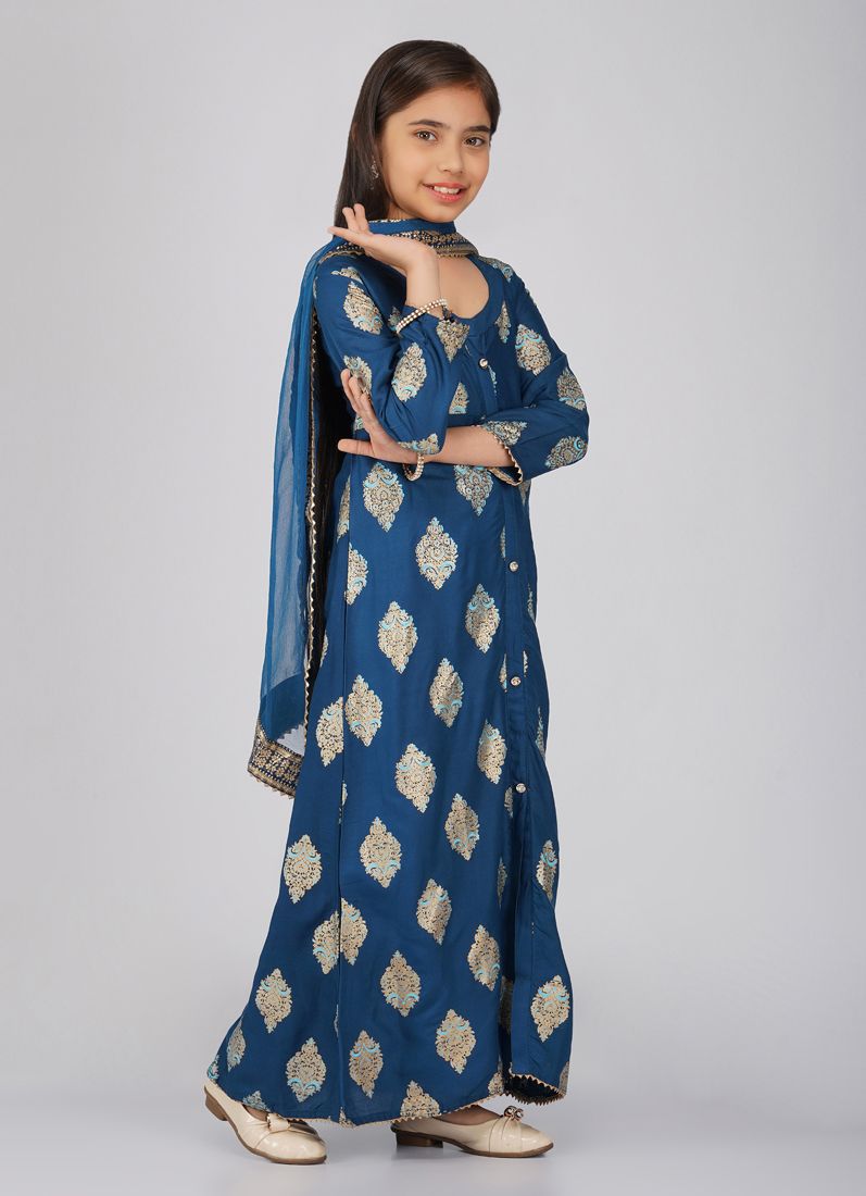 Buy Kids Teal Rayon Printed A-Line Suit Set