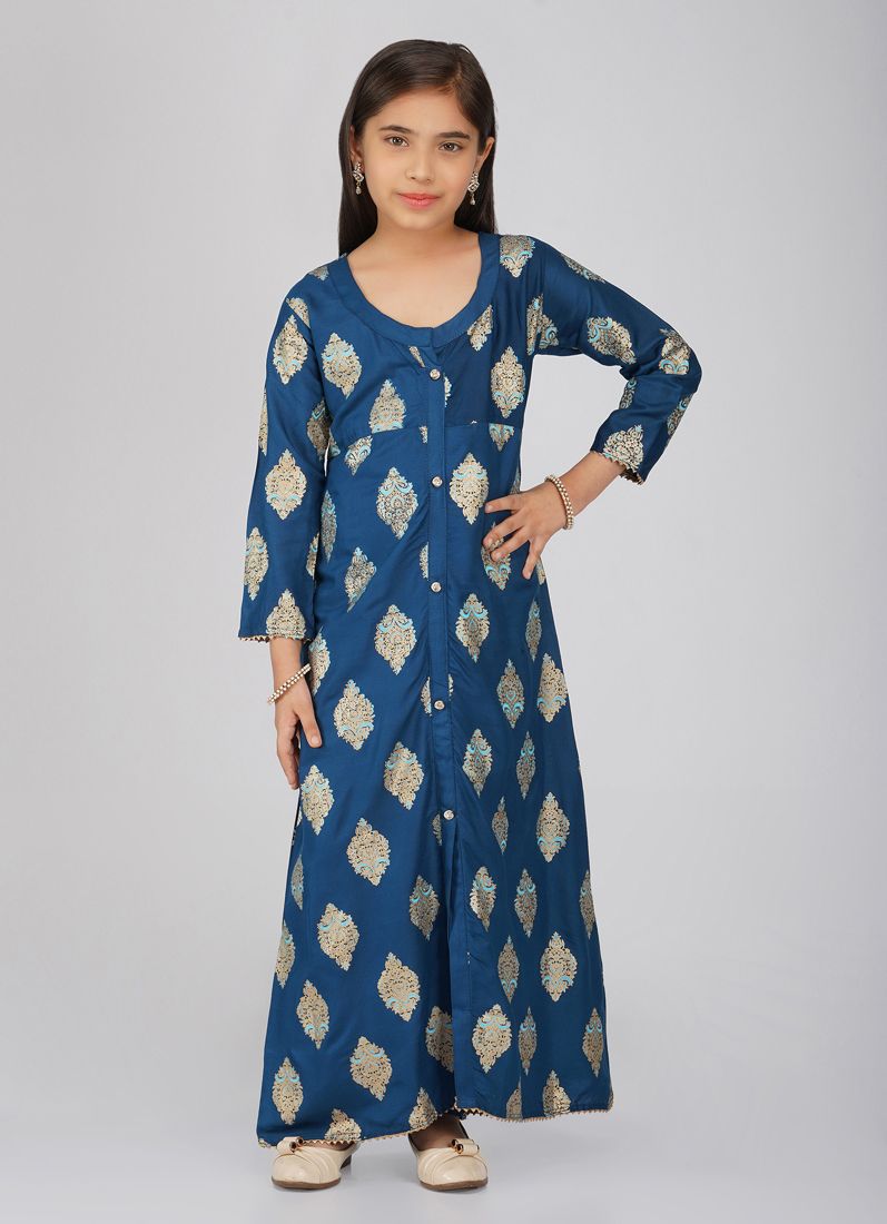 Buy Kids Teal Rayon Printed A-Line Suit Set