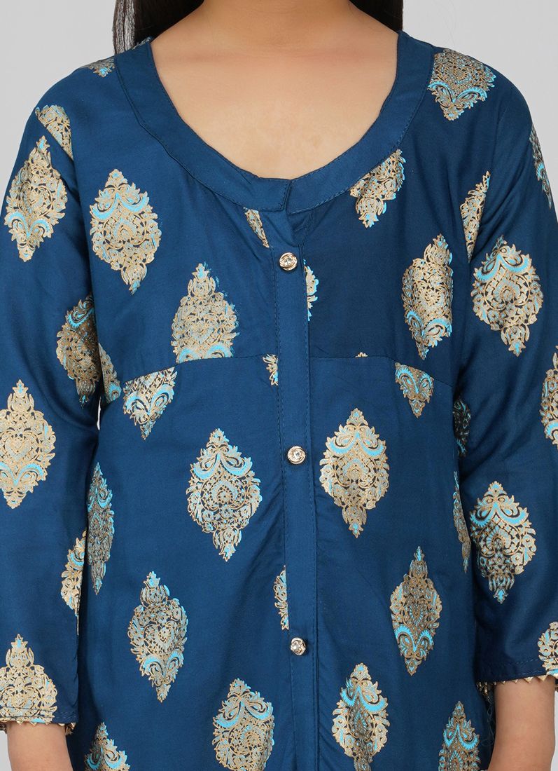 Buy Kids Teal Rayon Printed A-Line Suit Set