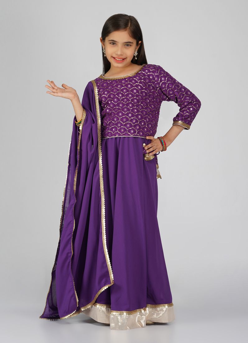 Buy Girls Purple Sequin Embroidered Lehenga Set