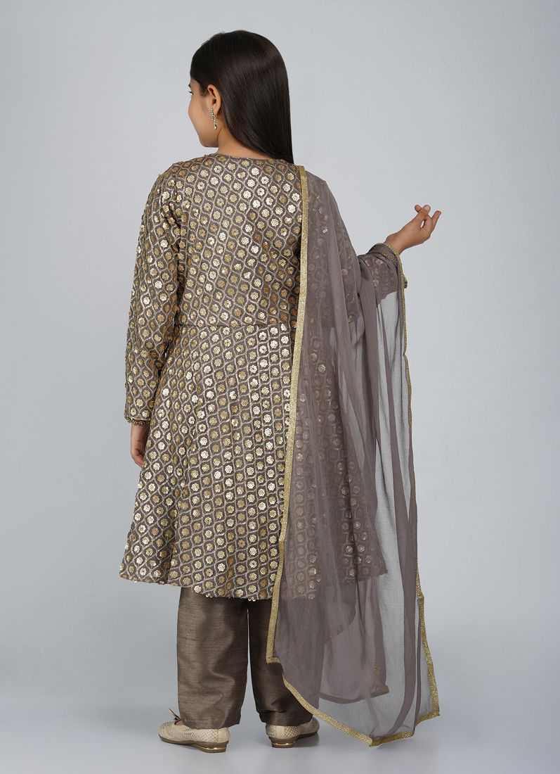 Buy Girls Grey Sequin Embroidered Jacket Suit
