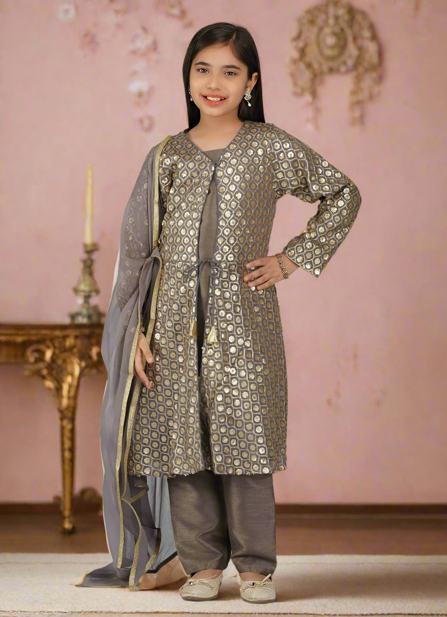 Buy Girls Grey Sequin Embroidered Jacket Suit