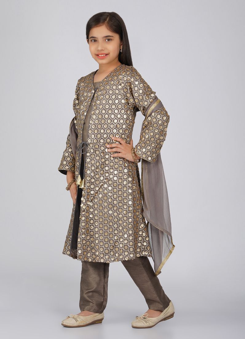 Buy Girls Grey Sequin Embroidered Jacket Suit